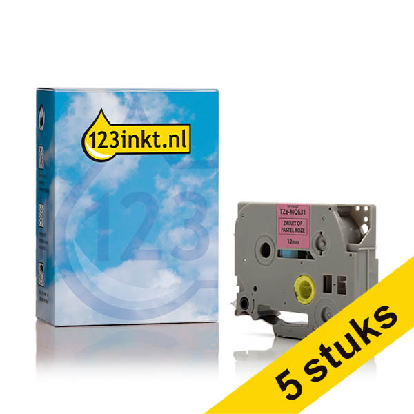 Aanbieding: 5x 123inkt huismerk vervangt Brother TZe-MQE31 tape zwart op pastel roze 12 mm 650860 - 1