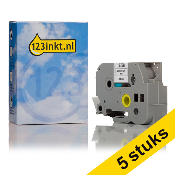 Aanbieding: 5x 123inkt huismerk vervangt Brother TZe-S251 extra klevend tape zwart op wit 24 mm 089304 - 1