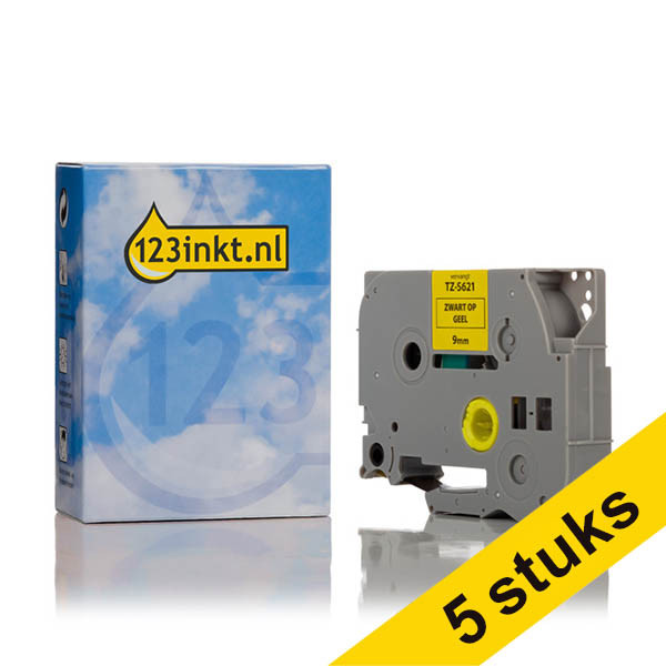 Aanbieding: 5x 123inkt huismerk vervangt Brother TZe-S621 extra klevend tape zwart op geel 9 mm 650853 - 1