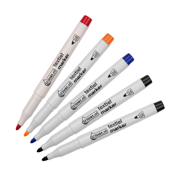Aanbieding: 5x 123inkt textielmarker (2x zwart/oranje/blauw/rood)  302724 - 1