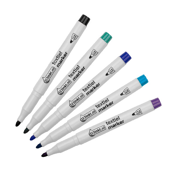 Aanbieding: 5x 123inkt textielmarker koele kleuren (zwart/groen/blauw/pastelblauw/paars) 303287 - 1