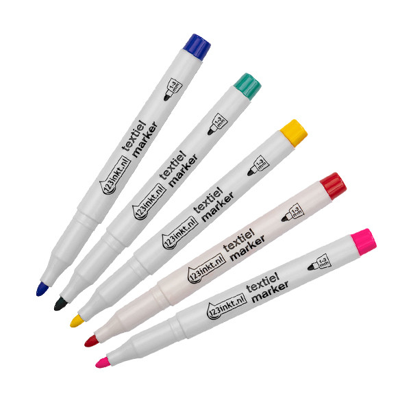 Aanbieding: 5x 123inkt textielmarker leuke kleuren (blauw/groen/geel/rood/fuchsia) 303288 - 1