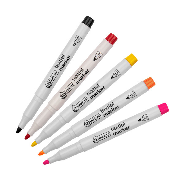 Aanbieding: 5x 123inkt textielmarker warme kleuren (zwart/rood/geel/oranje/fuchsia) 303286 - 1