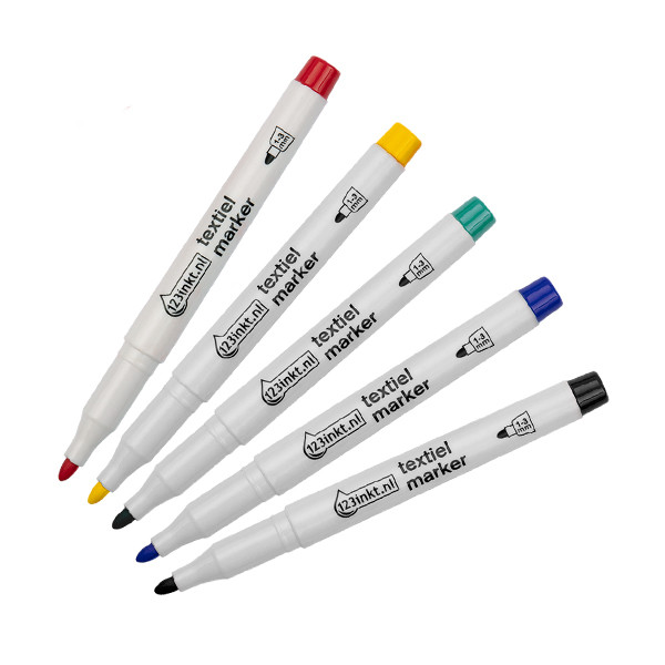 Aanbieding: 5x 123inkt textielmarker (zwart/blauw/rood/groen/geel)  302722 - 1