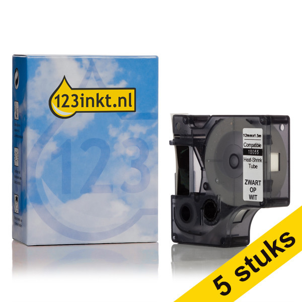 Aanbieding: 5x Dymo S0718300 / 18055 IND Rhino tape krimpkous zwart op wit 12 mm (123inkt huismerk) S0718300C 650587 - 1