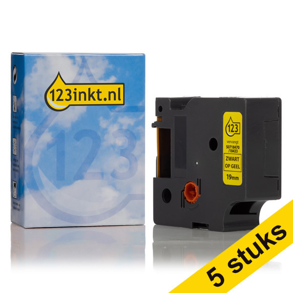 Aanbieding: 5x Dymo S0718470 / 18433 IND Rhino tape vinyl zwart op geel 19 mm (123inkt huismerk) 650592 - 1