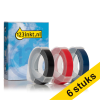 Aanbieding: 6x 123inkt huismerk vervangt Dymo 9 mm reliëftape multipack (wit op zwart wit op rood en wit op blauw) S0898130C S0898140C S0898150C 089298