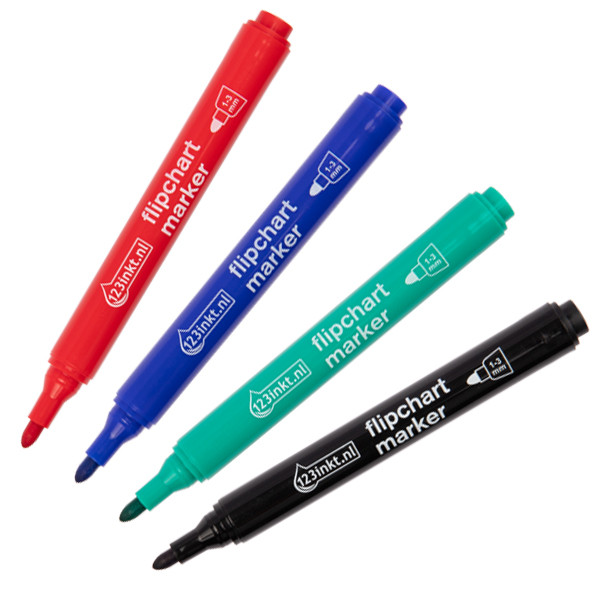 Aanbieding: Set 123inkt flipchart markers zwart/rood/blauw/groen (1 - 3 mm rond)  390565 - 1