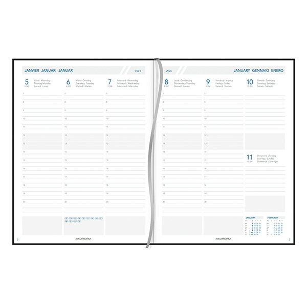Aurora Business Florence weekagenda met halfuurindeling 2026 zwart (1 week per 2 pagina's) 6-talig 330171 - 2