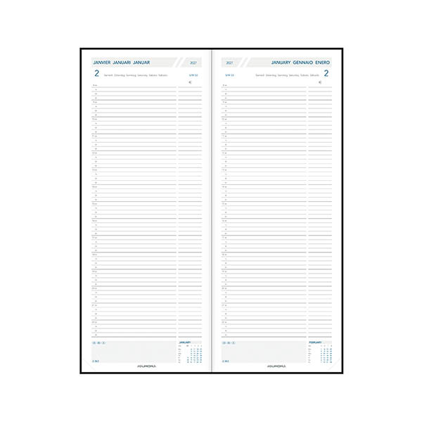 Aurora Longo Linnen dagagenda met kwartierindeling 2027 zwart (1 dag per 2 pagina) 6-talig 440147 - 2
