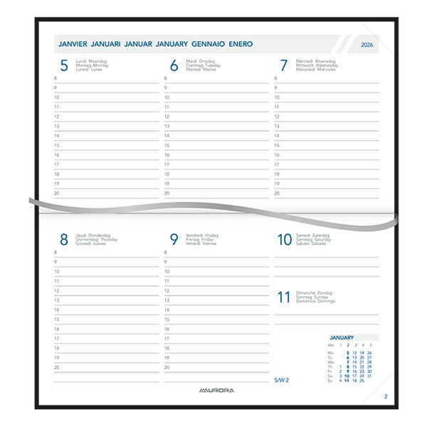 Aurora Novoplan Florence weekagenda met uurindeling 2026 zwart (1 week per 2 pagina's) 6-talig 330130 - 2