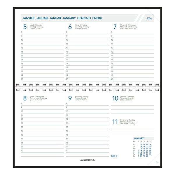Aurora Novoplan Perl Luna weekagenda met uurindeling 2026 zwart (1 week per 2 pagina's) 6-talig 330153 - 2