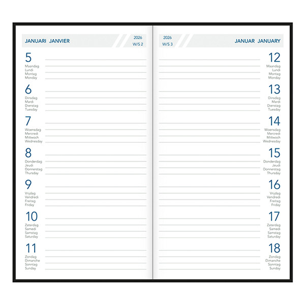 Aurora Timeplan Seta weekagenda 2026 blauw (1 week per pagina) 4-talig 330167 - 2