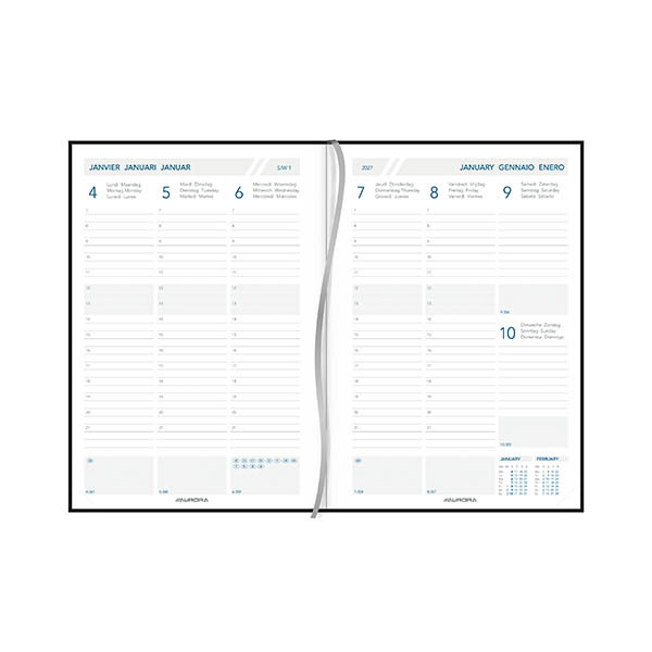 Aurora Universe Florence weekagenda met uurindeling 2027 zwart (1 week per 2 pagina's) 6-talig 440141 - 2