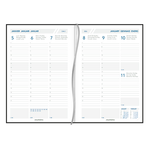 Aurora Universe Tesoro weekagenda met uurindeling 2026 blauw (1 week per 2 pagina's) 6-talig 330125 - 2