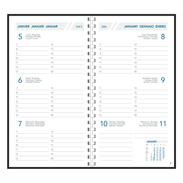 Aurora Visuplan Perl Luna weekagenda met uurindeling 2026 zwart (1 week per 2 pagina's) 6-talig 330160 - 2