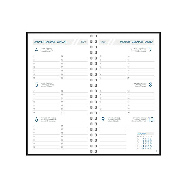 Aurora Visuplan Perl Seta weekagenda met uurindeling 2027 blauw (1 week per 2 pagina's) 6-talig 440163 - 2