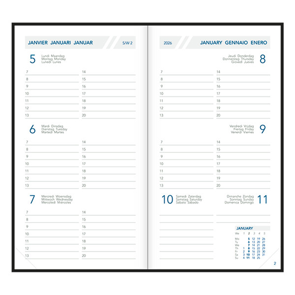 Aurora Visuplan Seta weekagenda met uurindeling 2026 donkerblauw (1 week per 2 pagina's) 6-talig 330121 - 2