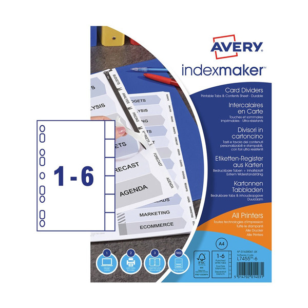 Avery IndexMaker L7410-6M bedrukbare kartonnen tabbladen A4 met 6 tabs (9-gaats) 01638061 212822 - 1