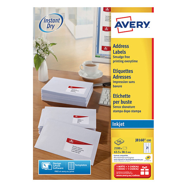 Avery J8160-100 adresetiketten A4 63,5 x 38,1 mm wit (2.100 etiketten) J8160-100 212284 - 1
