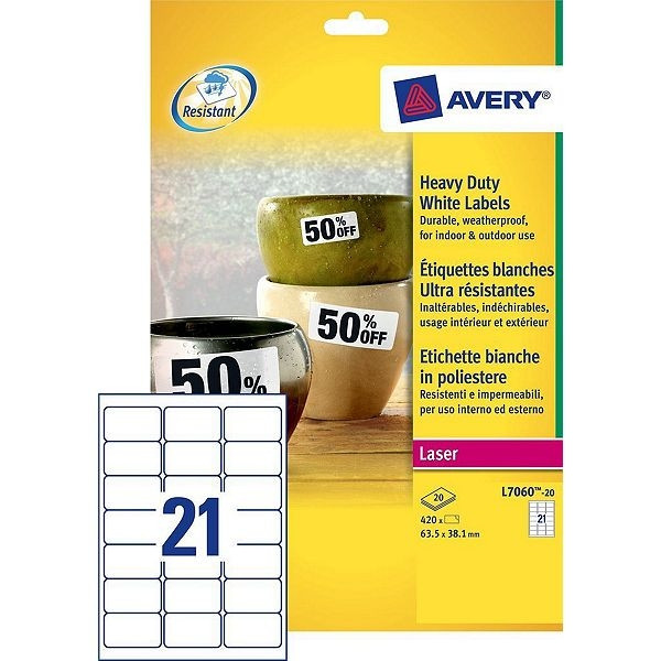 Avery L7060-20 weerbestendige etiketten A4 63,5 x 38,1 mm wit (420 etiketten) L7060-20 212424 - 1
