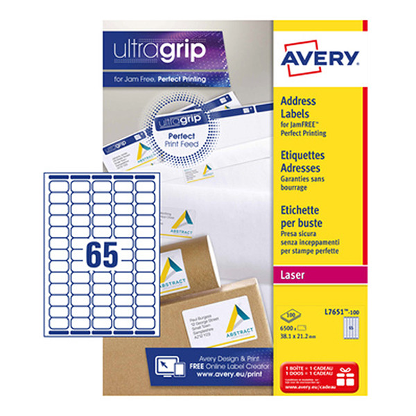 Avery L7651-100 adresetiketten A4 38,1 x 21,2 mm wit (6.500 etiketten) L7651-100 212100 - 1