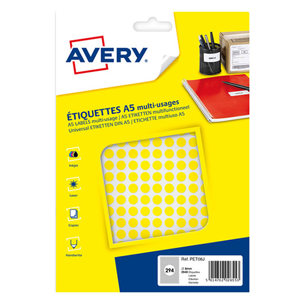 Avery PET08J markeringspunten Ø 8 mm geel (2.940 etiketten) AV-PET08J 212705 - 1