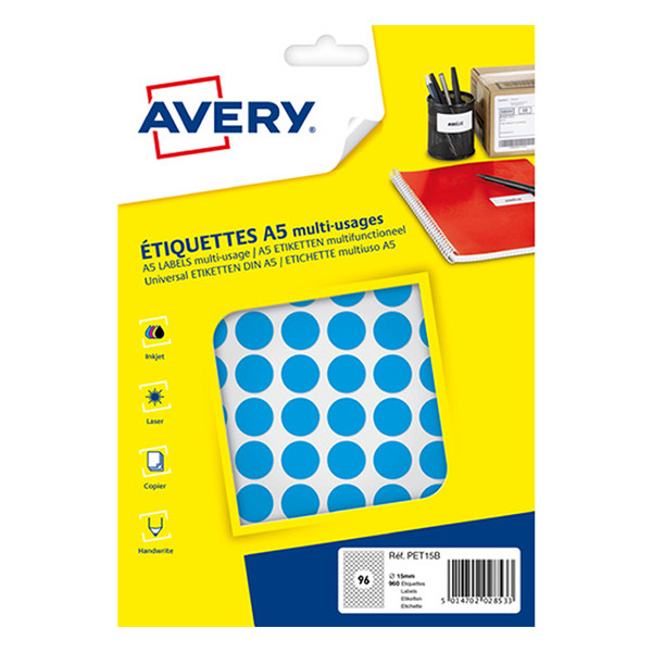 Avery PET15B markeringspunten Ø 15 mm blauw (960 etiketten) AV-PET15B 212714 - 1