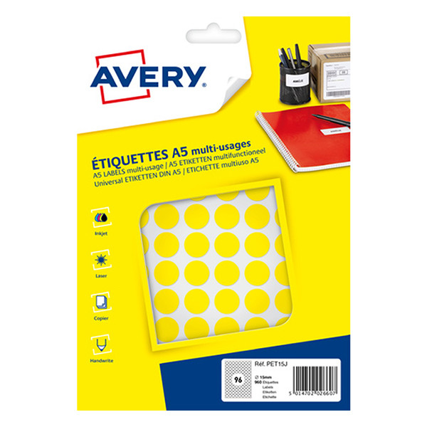 Avery PET15J markeringspunten Ø 15 mm geel (960 etiketten) AV-PET15J 212715 - 1