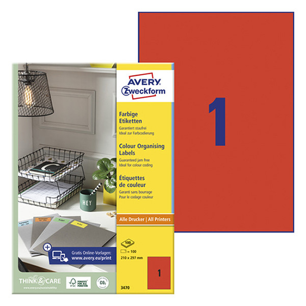 Avery Zweckform 3470 universele etiketten 210 x 297 mm rood (100 etiketten) 3470 212246 - 1