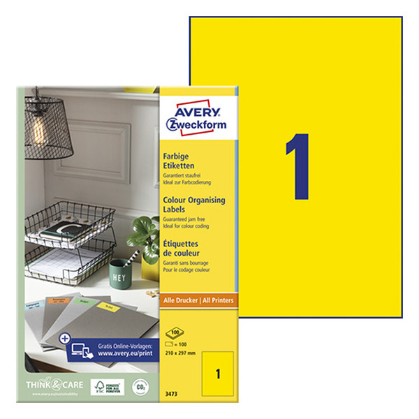 Avery Zweckform 3473 universele etiketten 210 x 297 mm geel (100 etiketten) 3473 212252 - 1