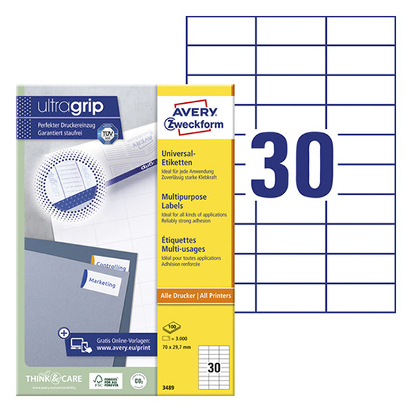 Avery Zweckform 3489 universele etiketten A4 70 x 29,7 mm wit (3.000 etiketten) 3489 212480 - 1