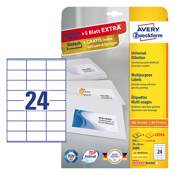 Avery Zweckform 3490 universele etiketten A4 70 x 36 mm wit (600 etiketten) 3490 212482 - 1