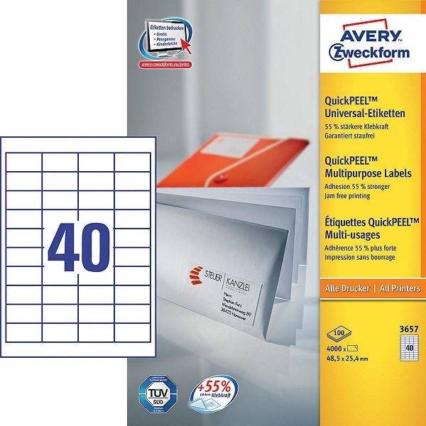 Avery Zweckform 3657 universele etiketten A4 48,5 x 25,4 mm wit (4.000 etiketten) 3657 212026 - 1