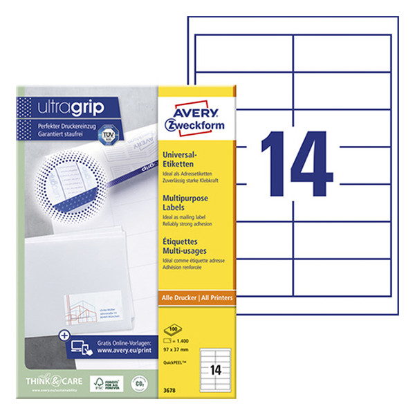 Avery Zweckform 3678 universele etiketten A4 97 x 37 mm wit (1.400 etiketten) 3678 212674 - 1