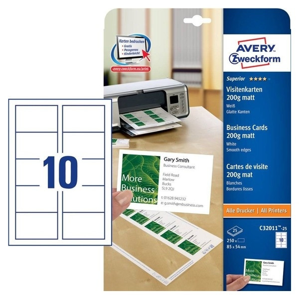 Avery Zweckform C32011-25 visitekaarten mat wit 85 x 54 mm (250 stuks) C32011-25 212782 - 1