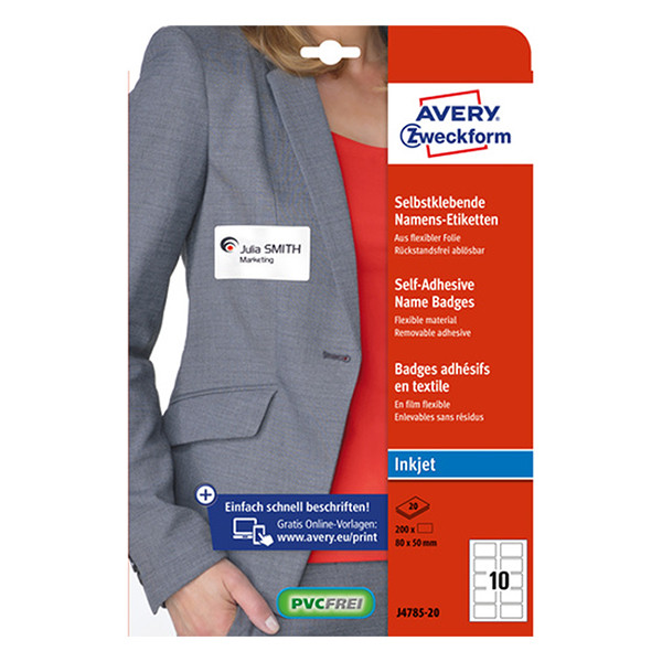 Avery Zweckform J4785-20 zelfklevende naambadge etiketten voor inkjetprinters 50 x 80 mm wit (200 naambadges) AV-J4785-20 212686 - 1