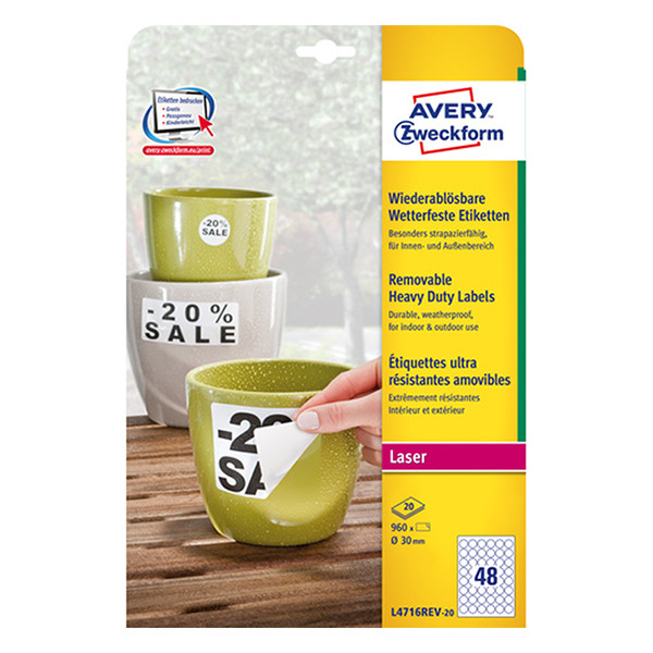 Avery Zweckform L4716REV-20 weerbestendige etiketten A4 Ø 30 mm wit (960 etiketten) L4716REV-20 212820 - 1