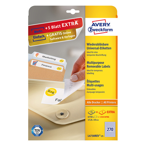 Avery Zweckform L4730-25 multifunctionele etiketten A4 17,8 x 10 mm wit (6.750 etiketten) L4730REV-25 212572 - 1