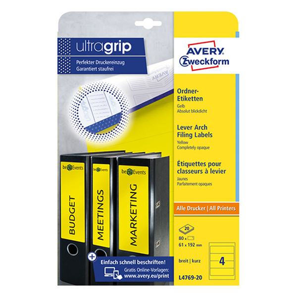 Avery Zweckform L4769-20 ordnerrugetiketten 192 x 61 mm geel (80 etiketten) L4769-20 212526 - 1