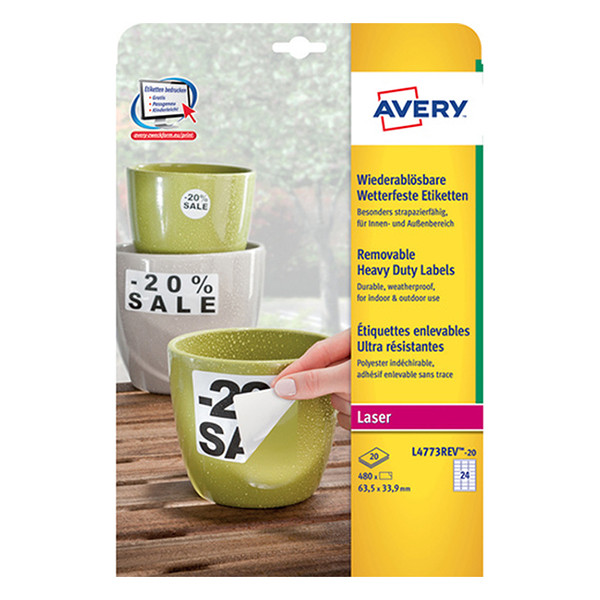 Avery Zweckform L4773REV-20 verwijderbare weerbestendige etiketten A4 63,5 x 33,9 mm (480 etiketten) L4773REV-20 212676 - 1