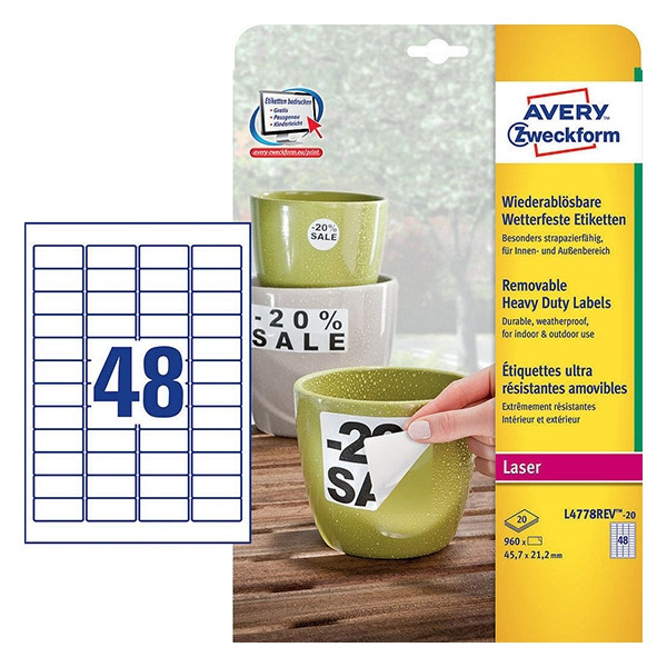 Avery Zweckform L4778REV-20 weerbestendige etiketten 45,7 x 21,2 mm afneembaar (960 etiketten) L4778REV-20 212657 - 1