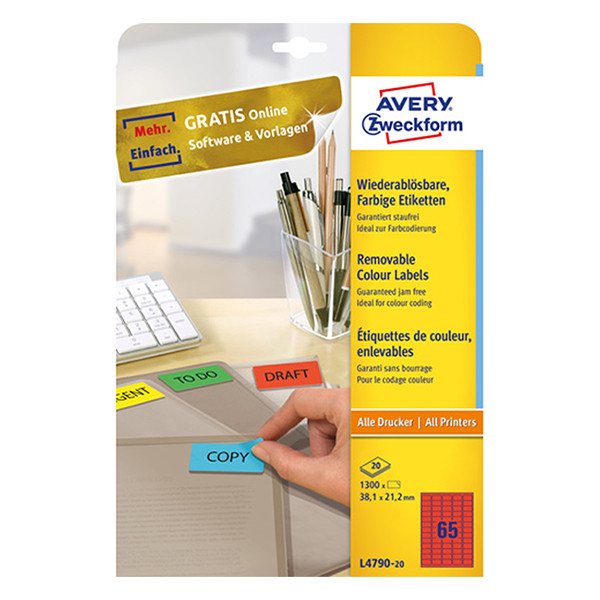 Avery Zweckform L4790-20 verwijderbare etiketten A4 38,1 x 21,2 mm rood (1.300 etiketten) L4790-20 212768 - 1