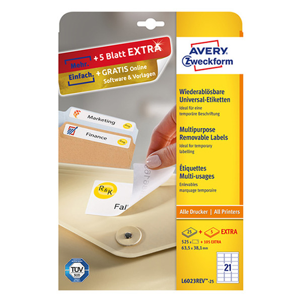Avery Zweckform L6023REV-25 afneembare etiketten A4 63,5 x 38,1 mm wit (525 etiketten) L6023REV-25 212805 - 1