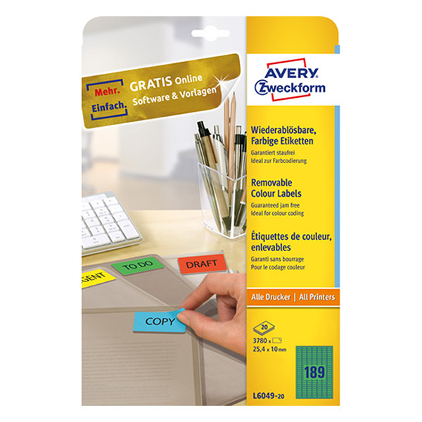 Avery Zweckform L6049-20 verwijderbare etiketten A4 25,4 x 10 mm groen (3.780 etiketten) L6049-20 212770 - 1