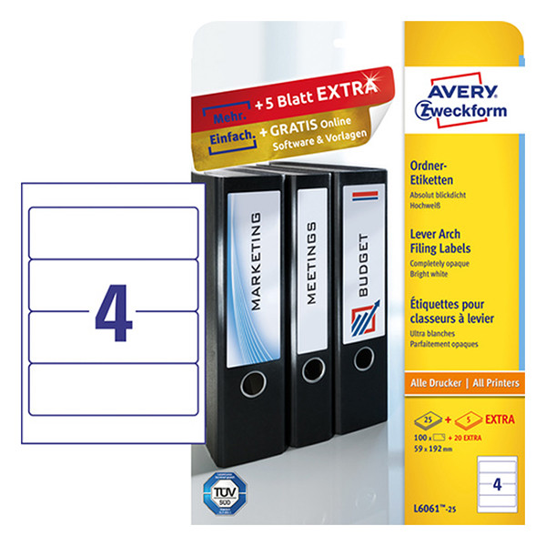 Avery Zweckform L6061-25 ordnerrugetiketten 192 x 59 mm wit (100 etiketten) L6061-25 212136 - 1