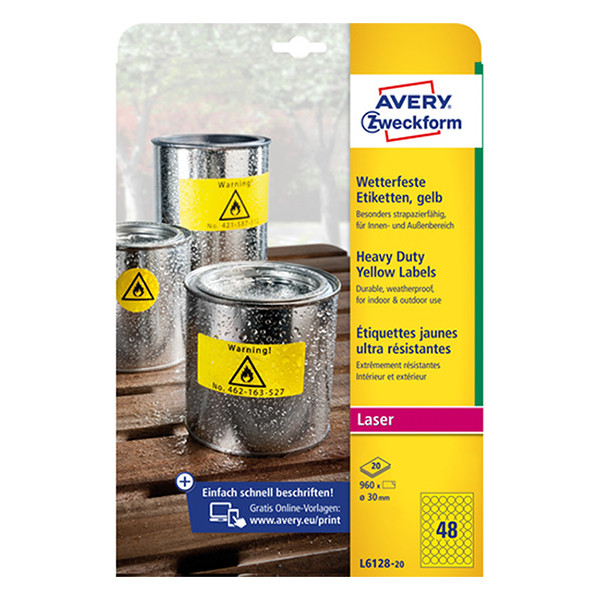 Avery Zweckform L6128-20 weerbestendige etiketten A4 Ø 30 mm geel (960 etiketten) L6128-20 212702 - 1