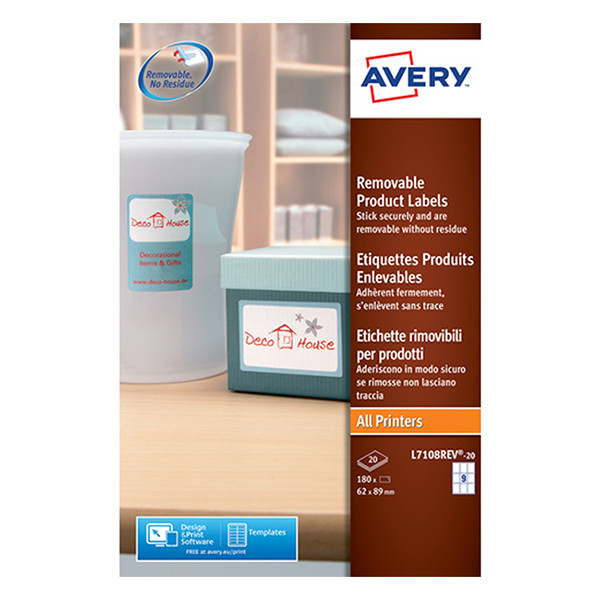 Avery Zweckform L7108REV-20 afneembare productetiketten rechthoekig 62 x 89 mm (180 etiketten) L7108REV-20 212616 - 1
