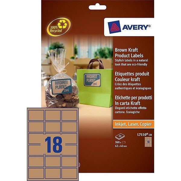 Avery Zweckform L7110-20 productetiketten rechthoekig 62 x 42 mm bruin-karton kleur (360 etiketten) L7110-20 212618 - 1