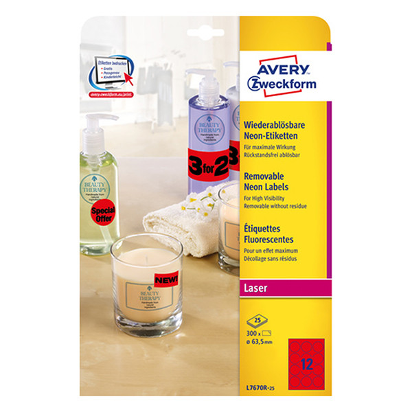 Avery Zweckform L7670R-25 NEON etiketten rond Ø 63,5 mm rood (300 etiketten) L7670R-25 212750 - 1